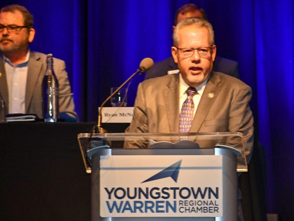 Jim Burgham, business manager for IBEW Local 64 Youngstown, accepts the Regional Chamber’s Salute to Labor award.